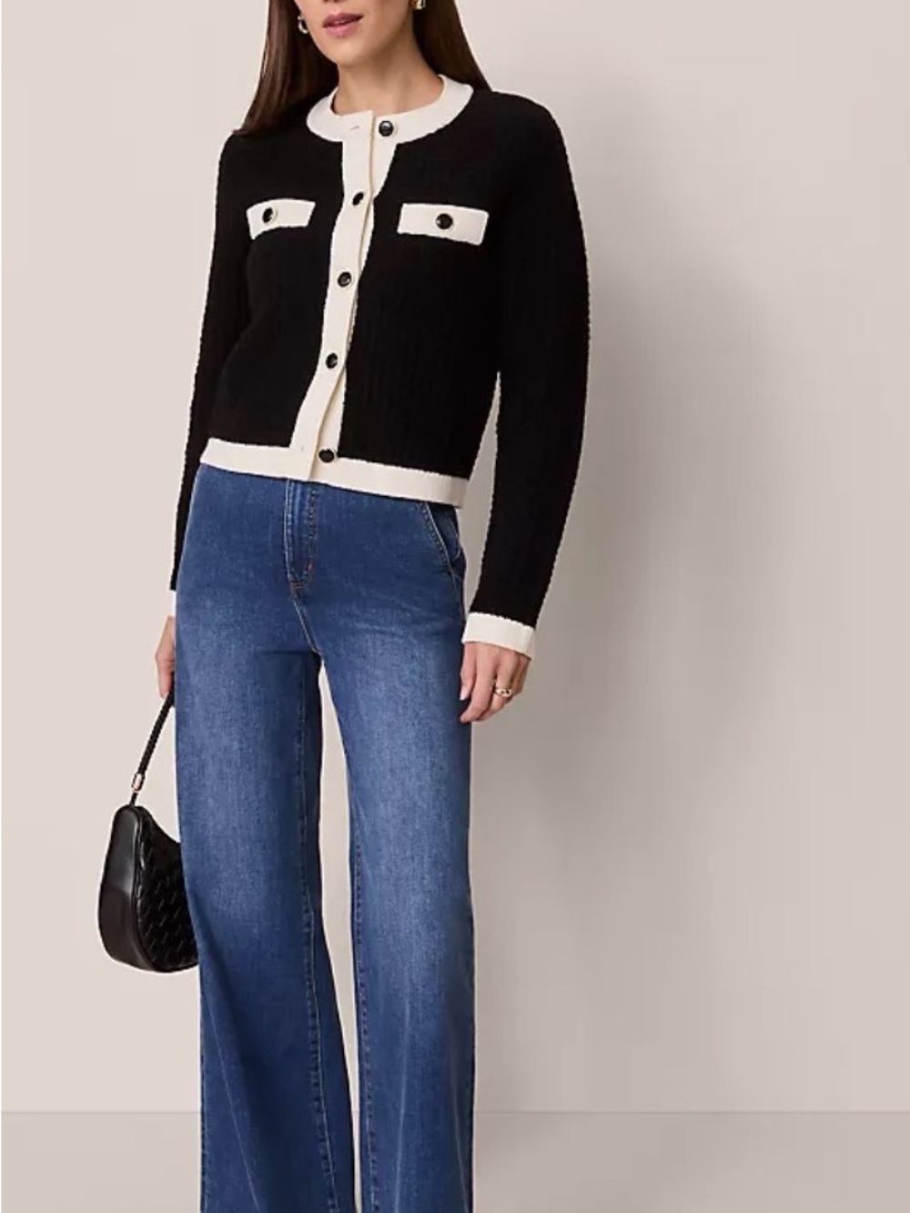 Ann Taylor Black and Cream Contrast-Trim Button Sweater Jacket - Picture 2 of 9
